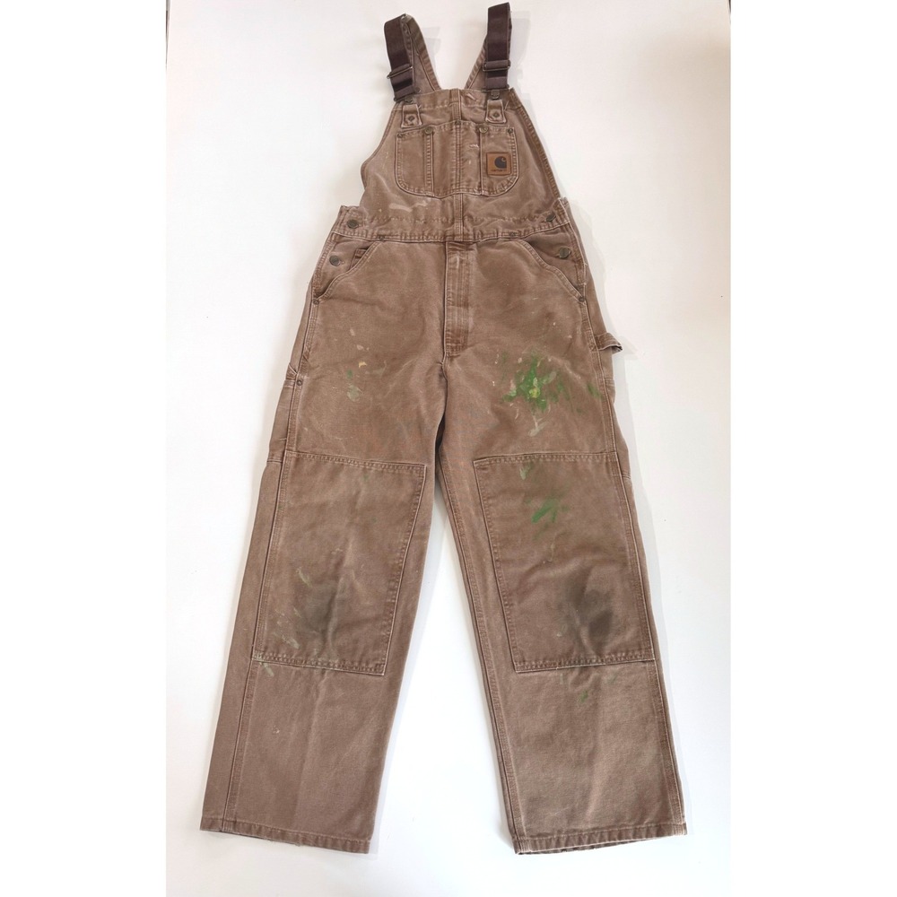 Carhartt R08 BRN Brown Duck Double Knee Bib Overalls Distressed Paint 32x30 Mens - Picture 5 of 13
